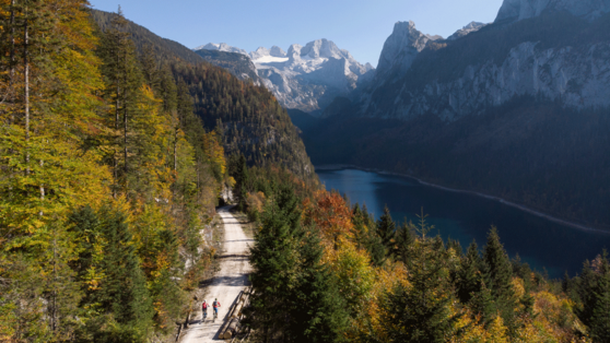 Foto: Oberösterreich Tourismus GmbH/Erwin Haiden: Der malerische Gosausee im Herbst - im Hintergrund der Dachsteingletscher